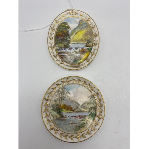 574 - PAIR OF ROYAL CROWN DERBY PORCELAIN HAND PAINTED PLAQUES ONE ENTITLED DOVEDALE PAINTED BY W.E.J. DEA... 