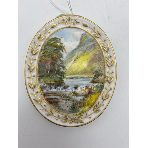 574 - PAIR OF ROYAL CROWN DERBY PORCELAIN HAND PAINTED PLAQUES ONE ENTITLED DOVEDALE PAINTED BY W.E.J. DEA... 