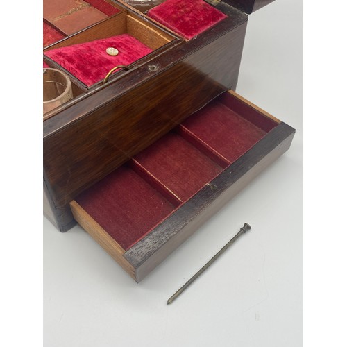 704 - 19TH CENTURY MAHOGANY TRAVELLING VANITY BOX WITH BOTTLES AND COMPARTMENTS