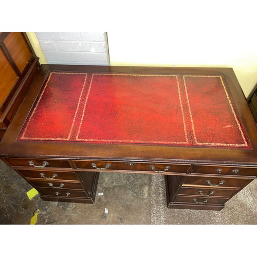 201 - REPRODUCTION MAHOGANY RED LEATHER TOPPED PEDESTAL DESK