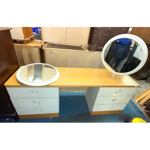 20 - 1970S STAG OAK AND GREY KNEEHOLE DRESSING TABLE AND CUBE STORAGE LINEN BIN