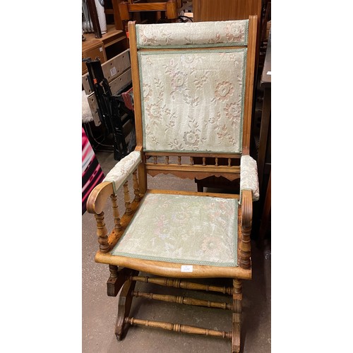 141 - VICTORIAN COLONIAL UPHOLSTERED ROCKING ARCHAIR