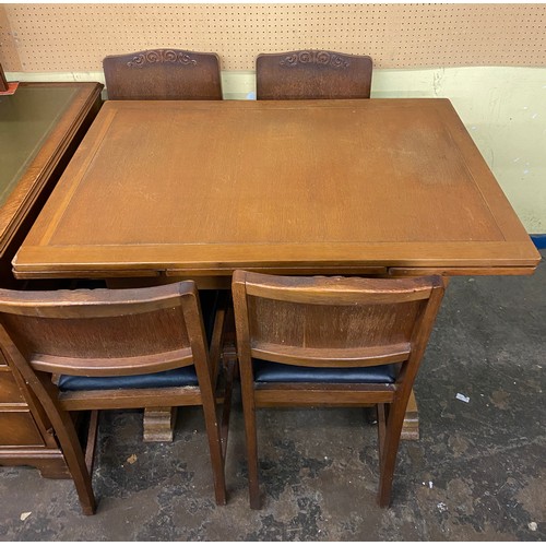 212 - OAK DRAWER LEAF TABLE WITH FOUR ERCOL CHAIRS