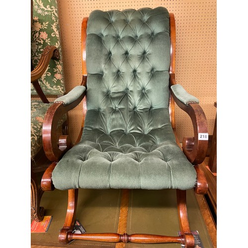 218 - VICTORIAN MAHOGANY FRAMED GREEN BUTTON UPHOLSTERED ARMCHAIR