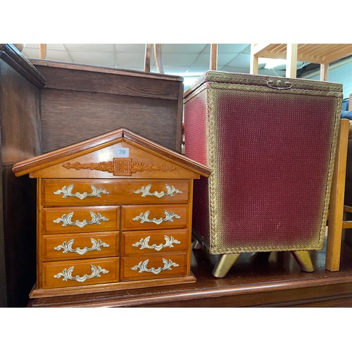 39 - HOUSE SHAPED JEWELLERY BOX, TRAPESIUM LOOM STYLE LINEN BIN AND STOOLS