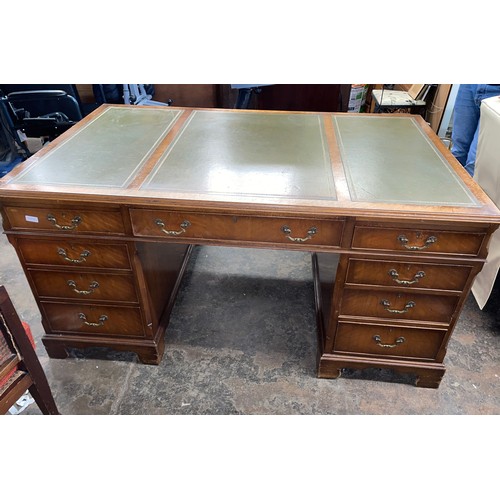 219 - GOOD QUALITY GEORGIAN STYLE KNEEHOLE PARTNERS DESK WITH INSET THREE SECTION GILT TOOLED GREEN LEATHE... 