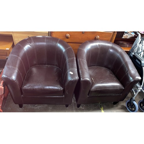 154 - PAIR OF BROWN STITCHED LEATHER TUB CHAIRS