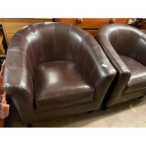 154 - PAIR OF BROWN STITCHED LEATHER TUB CHAIRS