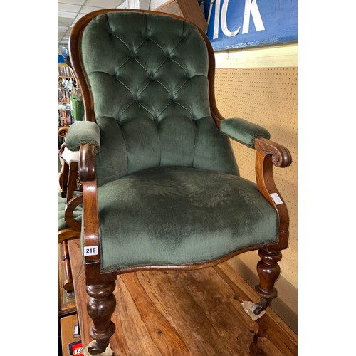 215 - VICTORIAN GREEN BUTTON BACK UPHOLSTERED ARMCHAIR