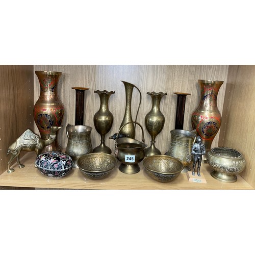 245 - PAIR OF BRASS ENAMELLED VASES, TANKARDS, ROSE BOWL AND CAMEL ORNAMENT AND AN ENAMELLED OVAL BOX