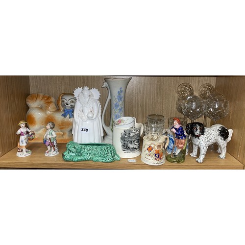 248 - SHELF OF CUT GLASSWARE AND TRANSFER PRINTED ROYAL COMMEMORATIVE MUGS, FIGURE OF QUEEN ELIZABETH I, A... 