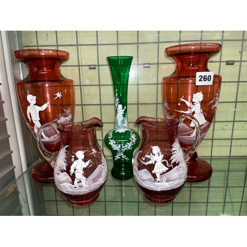 260 - PAIR OF CRANBERRY MARY GREGORY STYLE DECORATED OVOID VASES, JUGS, AND SIMILAR GREEN GLASS SPILL VASE