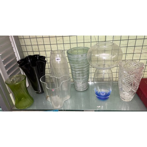 261 - SELECTION OF OVOID AND TAPERED GLASS VASES AND A TAPERED HANDKERCHIEF STYLE VASE