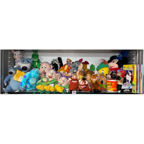 268 - SHELF OF WALT DISNEY PLUSH CHARACTER TOYS, DWARVES, LION KING, MICKEY MOUSE, TIGGER, ETC AND SOME HA... 