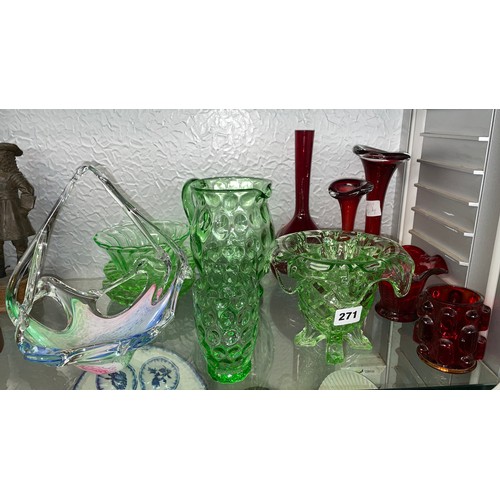 271 - RUBY RED GLASSWARES, JELLYFISH STYLE BASKET AND GREEN DIMPLE GLASSWARE