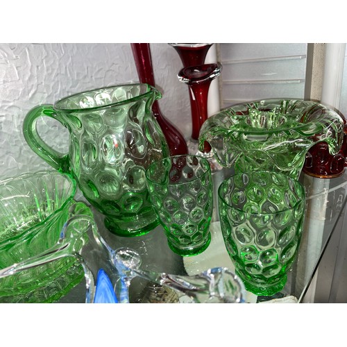 271 - RUBY RED GLASSWARES, JELLYFISH STYLE BASKET AND GREEN DIMPLE GLASSWARE