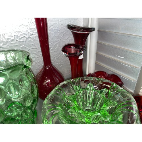 271 - RUBY RED GLASSWARES, JELLYFISH STYLE BASKET AND GREEN DIMPLE GLASSWARE