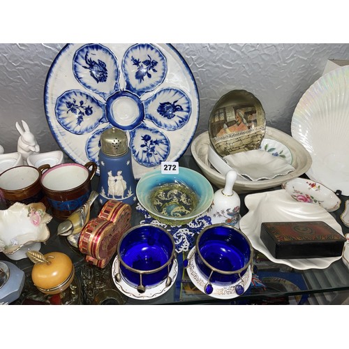 272 - SHELF OF INTERESTING CERAMICS, PARAGON TEACUPS, COPPER RESIST MUGS, CROWN DERBY PIN DISHES, VICTORIA... 