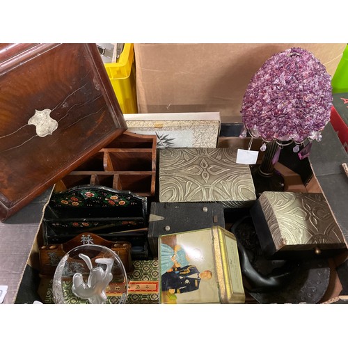 309 - CARTON - BEATEN METAL LIDDED BOXES, WOODEN DESK AND ENVELOPE ORGANISERS, BOX CAMERA, AND A DISNEY GL... 