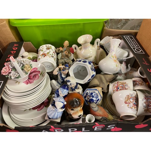 310 - CARTON - IRONSTONE JUNE ROSE PLATES, ROYAL COMMEMORATIVE TEACUPS AND SAUCERS, ROYAL WINTON SPILL VAS... 