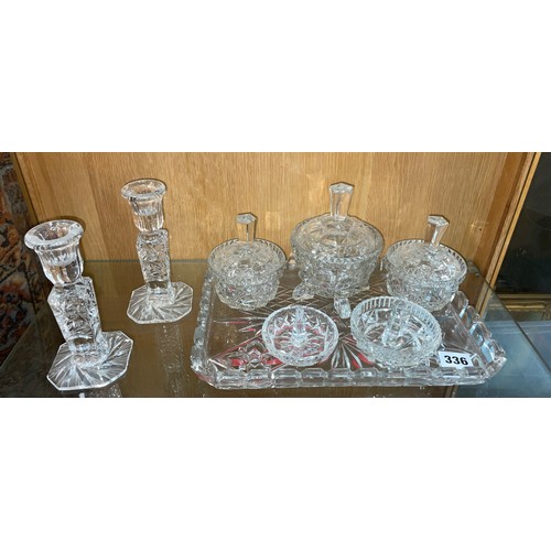 336 - PAIR OF CUT GLASS CANDLE STICKS AND A DRESSING TABLE SET