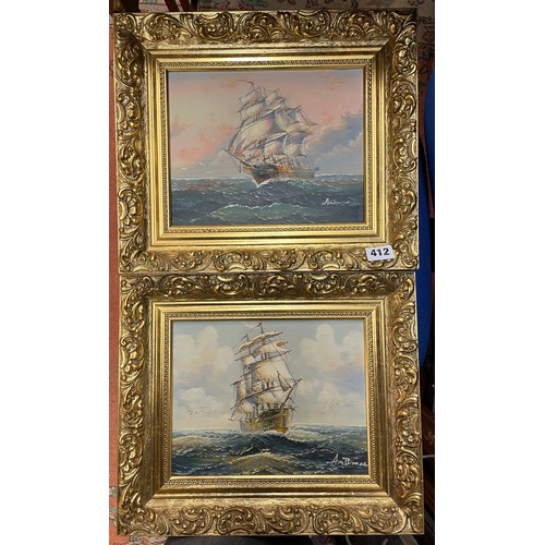 412 - PAIR OF 20TH CENTURY OILS ON CANVAS BY AMBROSE OF SAILING SHIPS IN GILT FRAMES