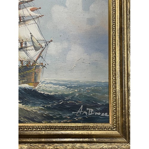 412 - PAIR OF 20TH CENTURY OILS ON CANVAS BY AMBROSE OF SAILING SHIPS IN GILT FRAMES