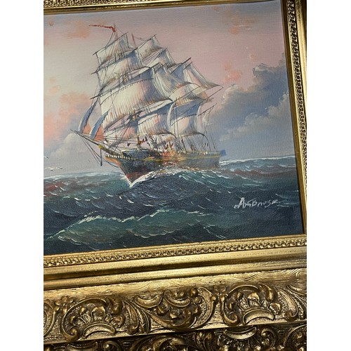 412 - PAIR OF 20TH CENTURY OILS ON CANVAS BY AMBROSE OF SAILING SHIPS IN GILT FRAMES