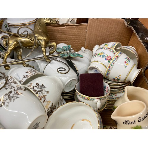 379 - CARTON - COALPORT PART TEASET, OTHER TEAWARES, GINGER JAR, BRASS HANSON CAB