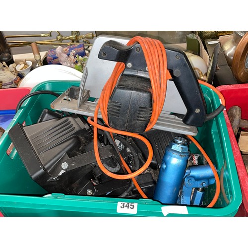 345 - GREEN AND RED CRATE OF VARIOUS TOOLS INC RADIAL SAW, PIR SPOT LIGHTS, CLICK LOCK ORGANIZER BOX