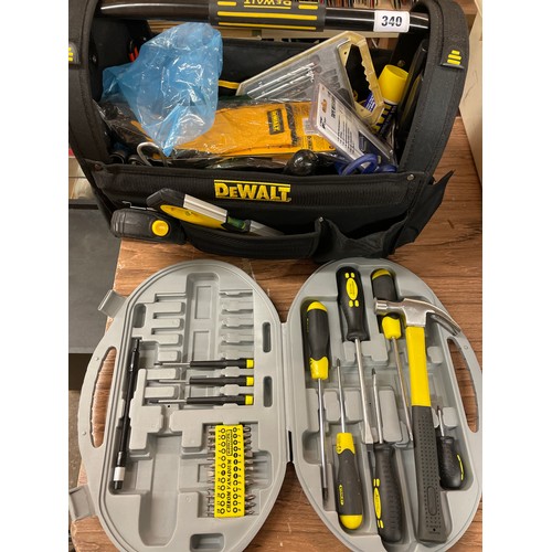 340 - DEWALT NYLON TOOL CARRY BAG FULL OF TOOLS, DRILL BITS, NEW TAPE MEASURE, SCREWDRIVER SET