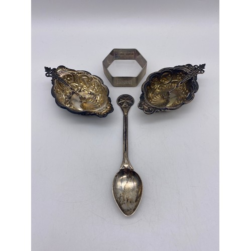 449 - PAIR OF SILVER REPOUSSE SALTS AND SPOONS, NAPKIN RING AND OTHER SPOONS