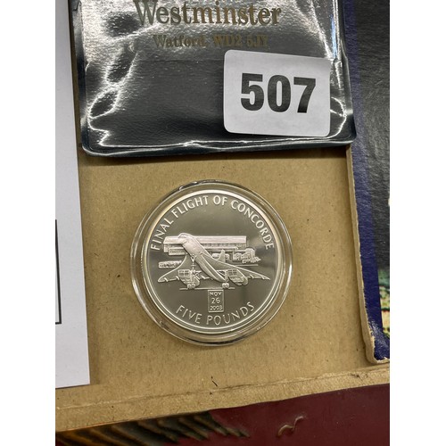 507 - WESTMINSTER MINT SILVER FIVE POUND FINAL FLIGHT OF CONCORDE PROOF COIN FOR GIBRALTAR, MAN IN FLIGHT ... 