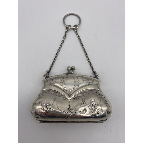 452 - BIRMINGHAM SILVER REPOUSSE PIN TRAY AND A BIRMINGHAM SILVER ENGRAVED MINIATURE BOMBE EVENING PURSE