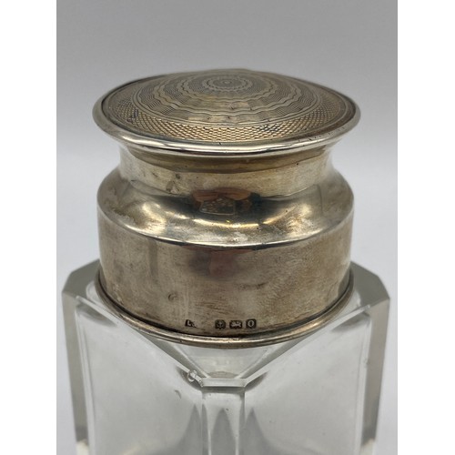 453 - BIRMINGHAM SILVER TOPPED SQUARE SCENT BOTTLE AND A HOBNAIL GLASS AND SILVER BOTTLE WITH ENAMEL TOP