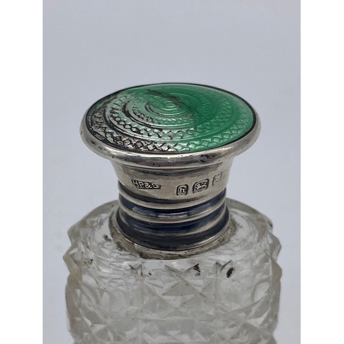 453 - BIRMINGHAM SILVER TOPPED SQUARE SCENT BOTTLE AND A HOBNAIL GLASS AND SILVER BOTTLE WITH ENAMEL TOP