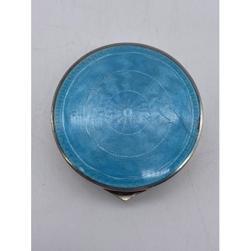 454 - SILVER AND BLUE GUILLOCHE ENAMEL CIRCULAR PILL BOX/ROUGE POT