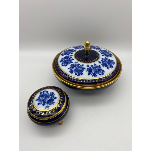 476 - BAVARIAN PORCELAIN ROYAL BLUE OVOID JAR AND COVER, EWER AND TRINKET BOX