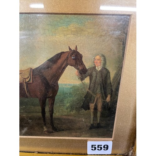 559 - REPRODUCTION OF A 19TH CENTURY OIL ON PANEL OF A RACE HORSE WITH ATTENDANT IN FINE GILT SWEPT FRAME ... 