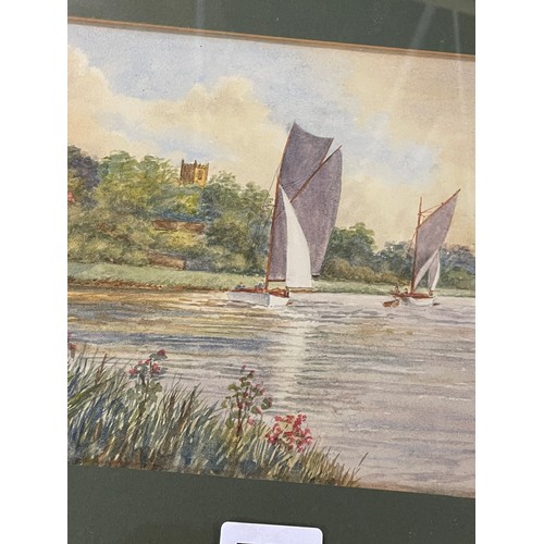 560 - J.H. BAMBRICK WATER COLOURS MORNING FERRY THE BROADS AND WROXHAM CHURCH A PAIR FRAMED AND GLAZED