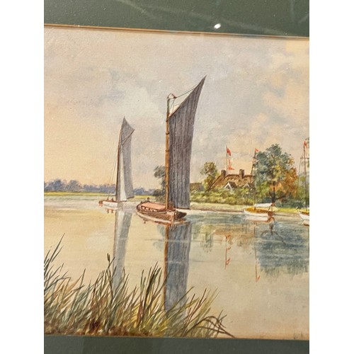 560 - J.H. BAMBRICK WATER COLOURS MORNING FERRY THE BROADS AND WROXHAM CHURCH A PAIR FRAMED AND GLAZED