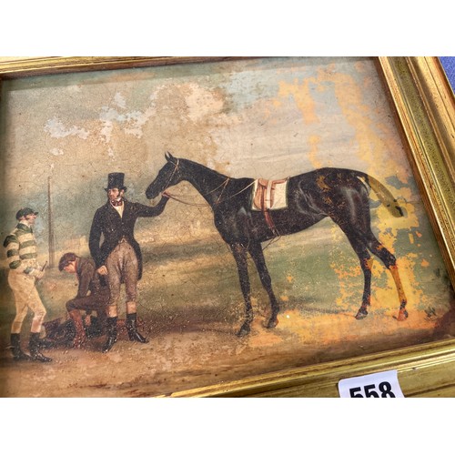 558 - 19TH CENTURY OILS ON PANEL OF A JOCKEY WITH A HORSE AND TRAINER FRAMED