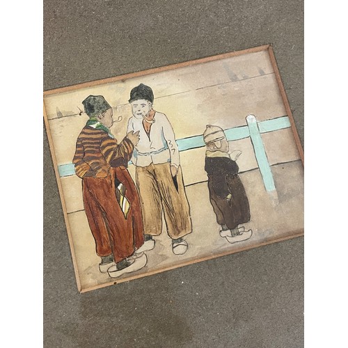 555 - UNTITLED WATERCOLOUR TRYPTIC OF DUTCH FIGURES BY A CANALSIDE