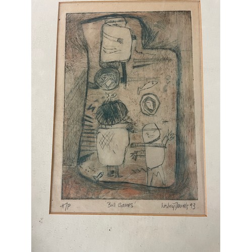 554 - LESLEY DANIELS ARTIST PROOF PRINT ENTITLED BALL GAMES AND A BILL YARDLEY COLLAGRAPH ENTITLED SUMMER ... 