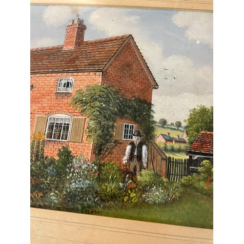 552 - EARLY 20TH CENTURY OILS AND GOUACHE OF AN ELDERLY FIGURE BEFORE A COTTAGE GARDEN SIGNED **REEVE