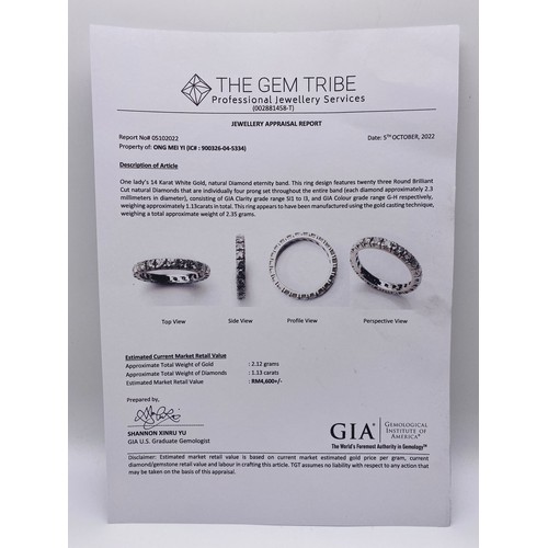 506 - 14K WHITE GOLD DIAMOND ETERNITY BAND 23 ROUND BRILLIANT CUT DIAMONDS APPROX 1.13 CARATS OVERALL WEIG... 