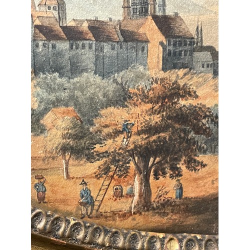 568 - 19TH CENTURY WATER COLOURS ON PAPER CONTINENTAL LANDSCAPES WITH FIGURES IN OVAL GILDED FRAMED