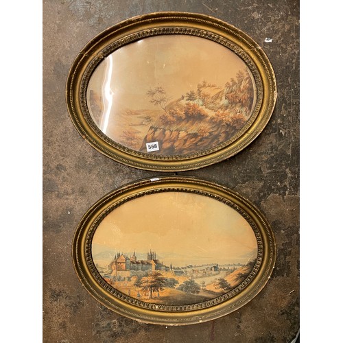 568 - 19TH CENTURY WATER COLOURS ON PAPER CONTINENTAL LANDSCAPES WITH FIGURES IN OVAL GILDED FRAMED