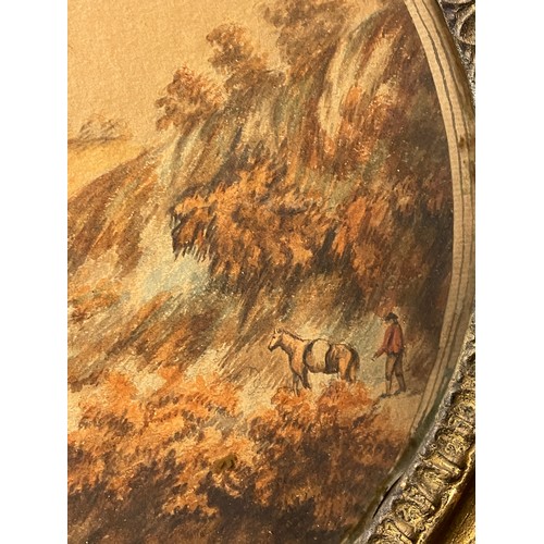 568 - 19TH CENTURY WATER COLOURS ON PAPER CONTINENTAL LANDSCAPES WITH FIGURES IN OVAL GILDED FRAMED