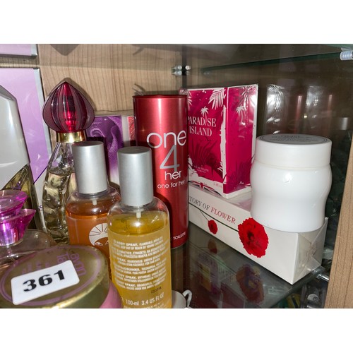 361 - SHELF OF VARIOUS FEMALE PURFUMES AND COSMETICS